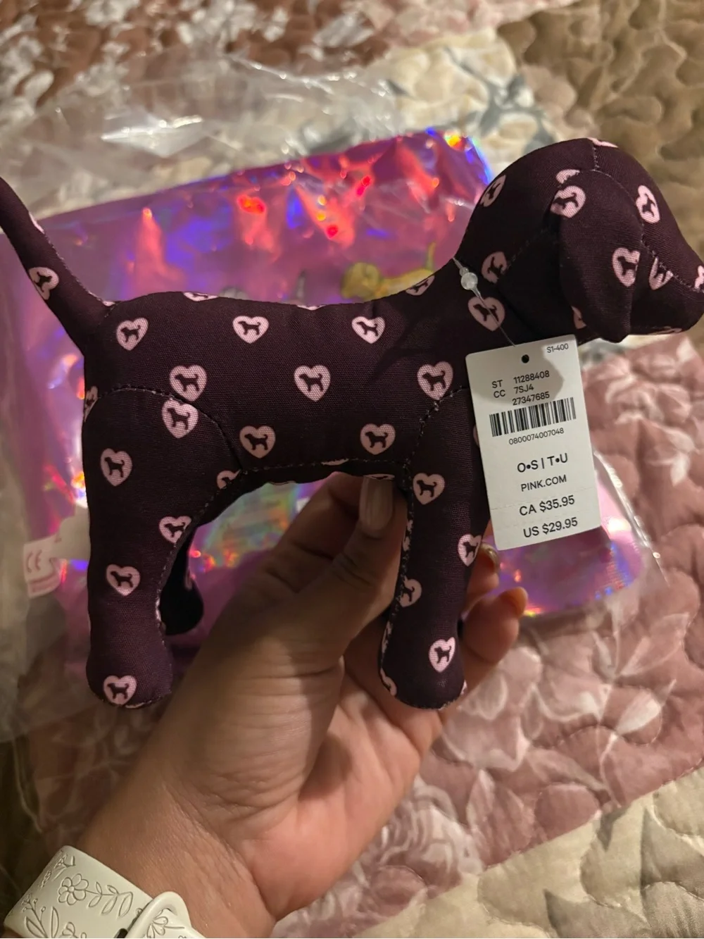 PINK Victoria's Secret Purple Plush Dog Toy with Pink Heart Print